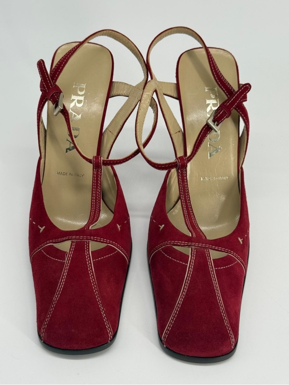 Prada Red Suede T-Strap Slingback Heels Size 37.5 - Picture 3 of 9